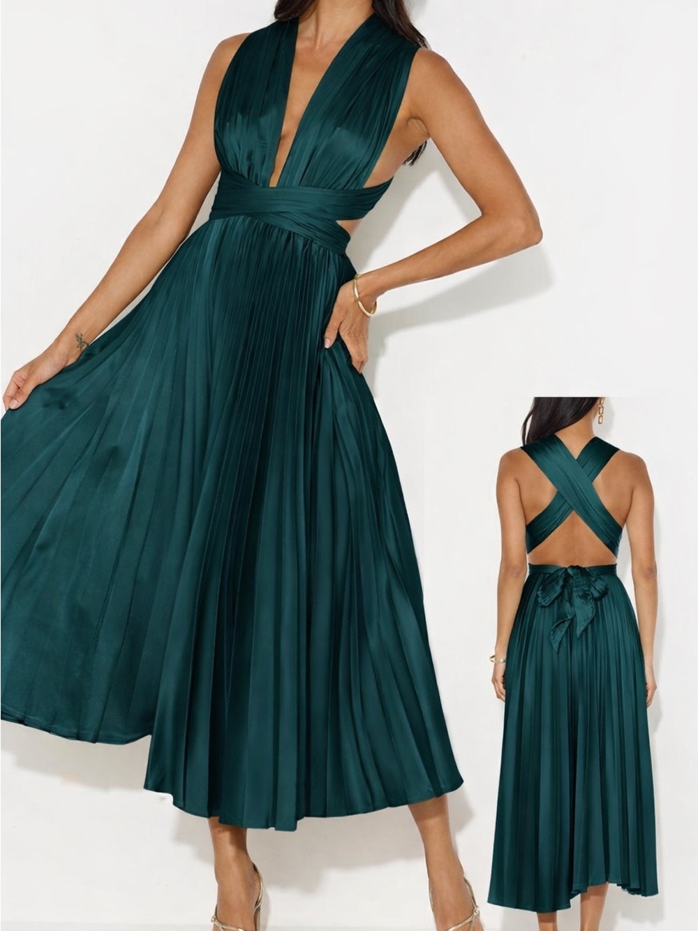 Plunging Halter Pleated Maxi Dress in Teal